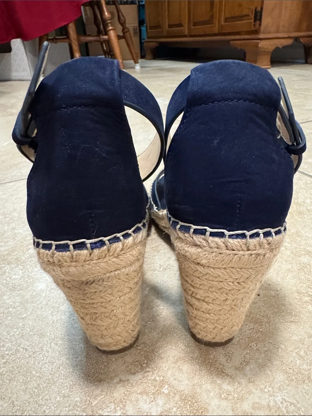 Vince Camuto Navy Suede Espadrille Wedge Sandals with Ankle Buckle